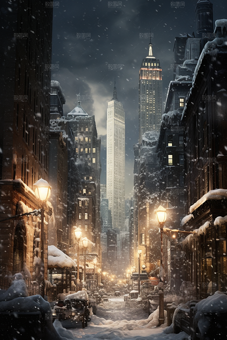 城市雪景城市街道建筑原画