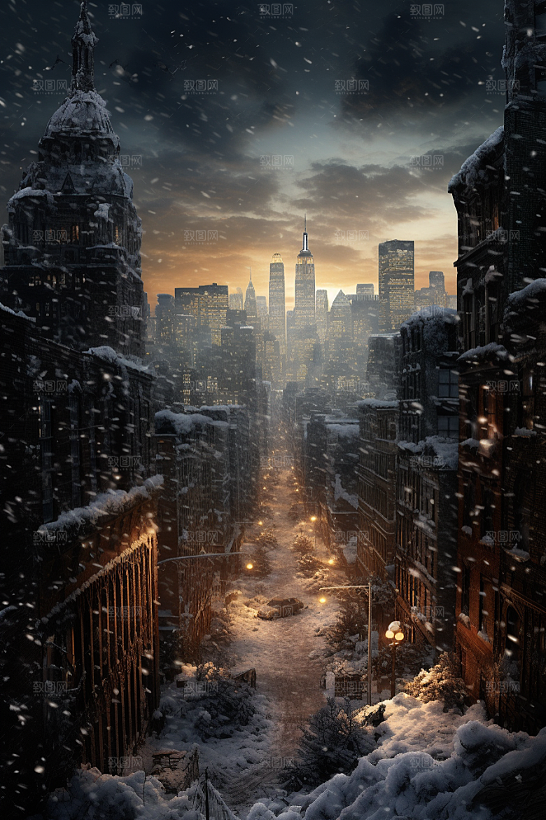 城市雪景城市街道安静原画
