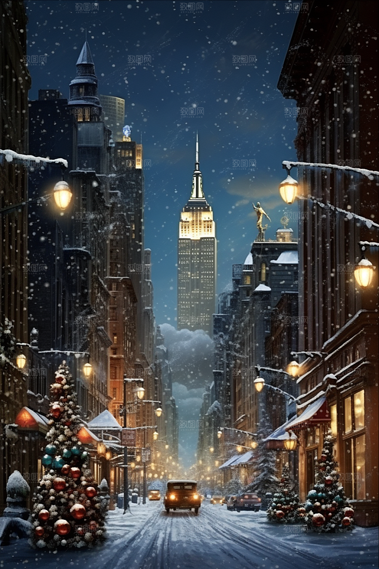 城市雪景建筑安静原画