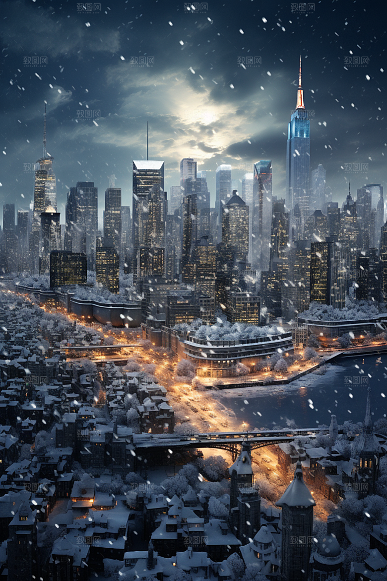 城市雪景城市街道静谧原画