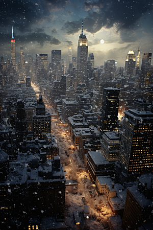城市雪景安静静谧原画