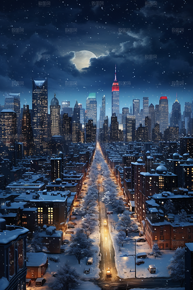 城市雪景安静雪夜原画