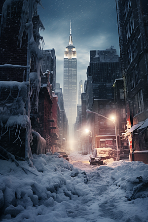 城市雪景建筑静谧原画