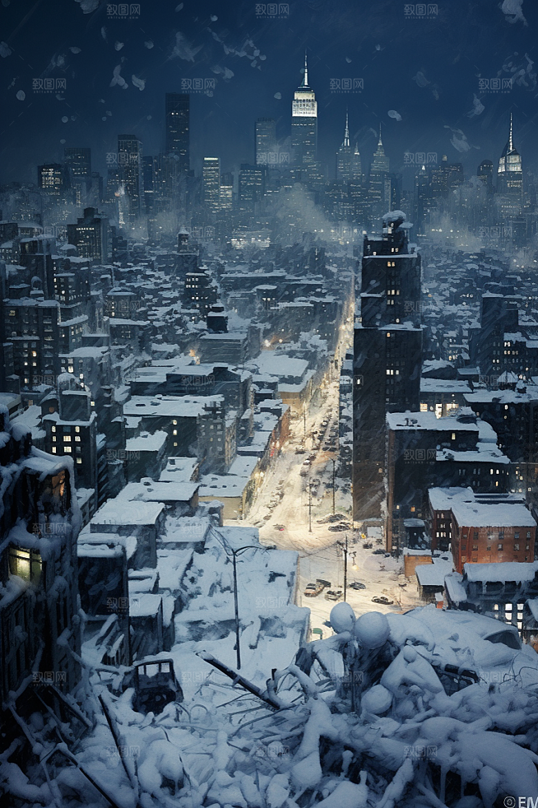 城市雪景城市街道雪夜原画