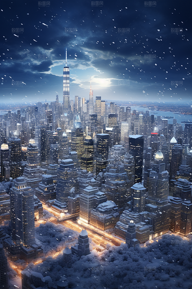 城市雪景雪夜建筑原画