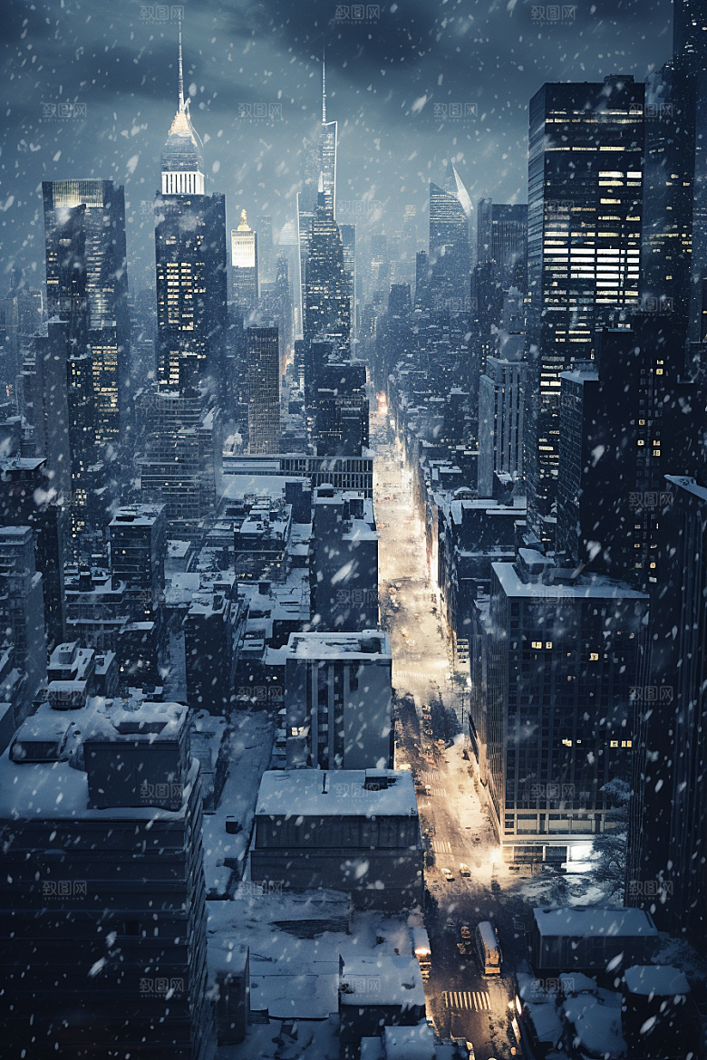 城市雪景静谧城市街道原画