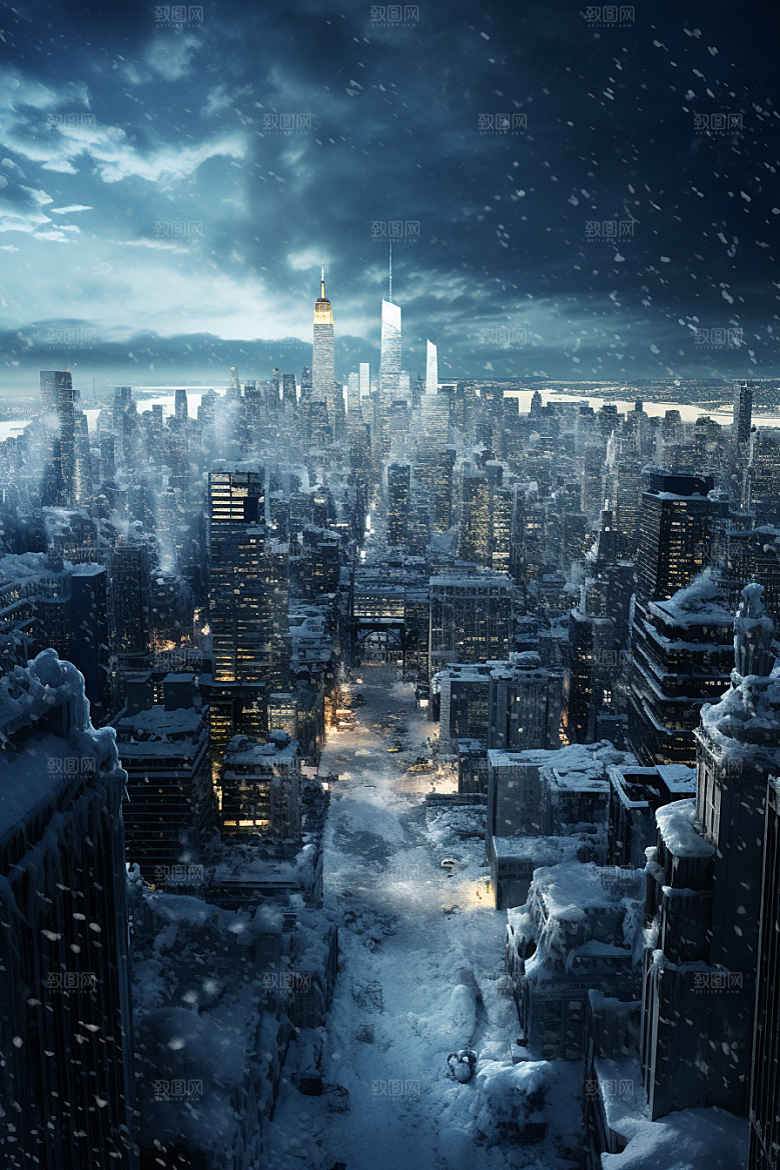 城市雪景雪夜建筑原画