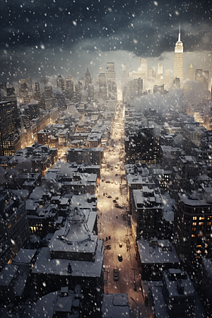 城市雪景雪夜城市街道原画