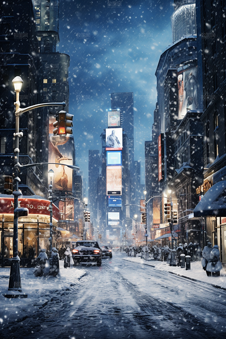 城市雪景静谧建筑原画