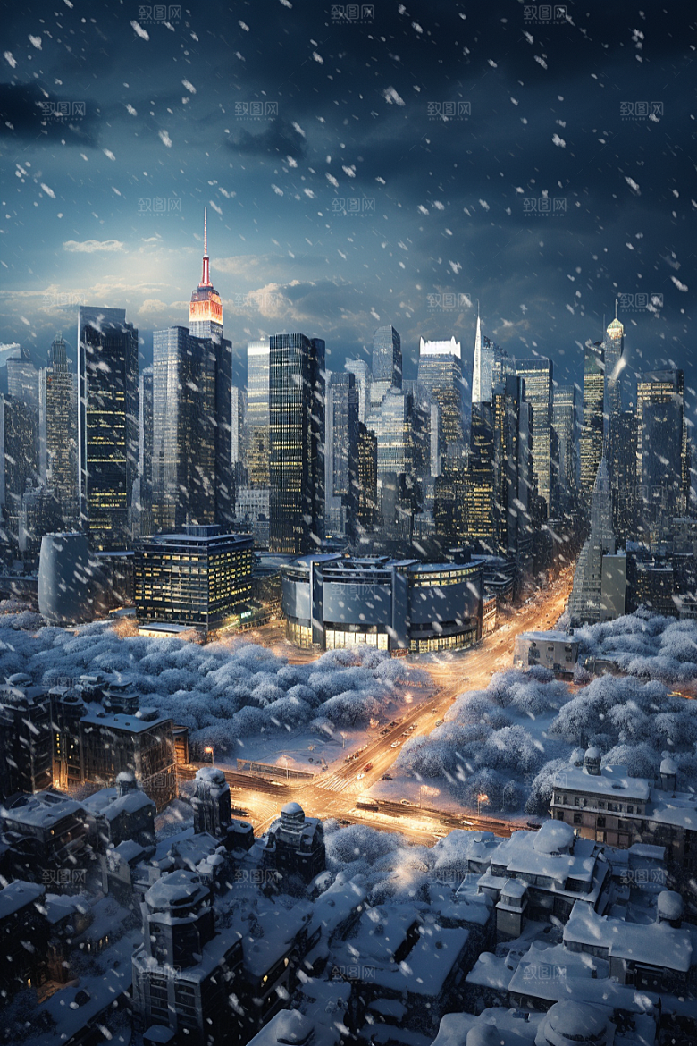 城市雪景安静下雪的都市原画