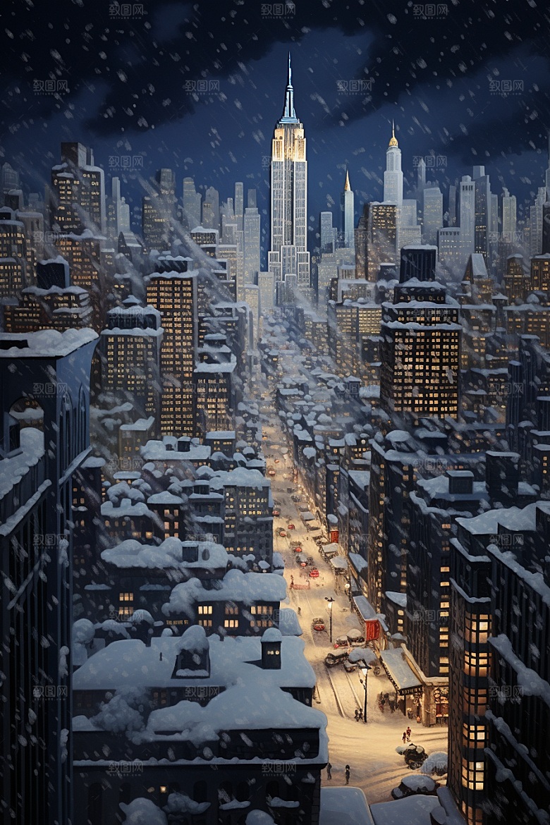 城市雪景城市街道雪夜原画