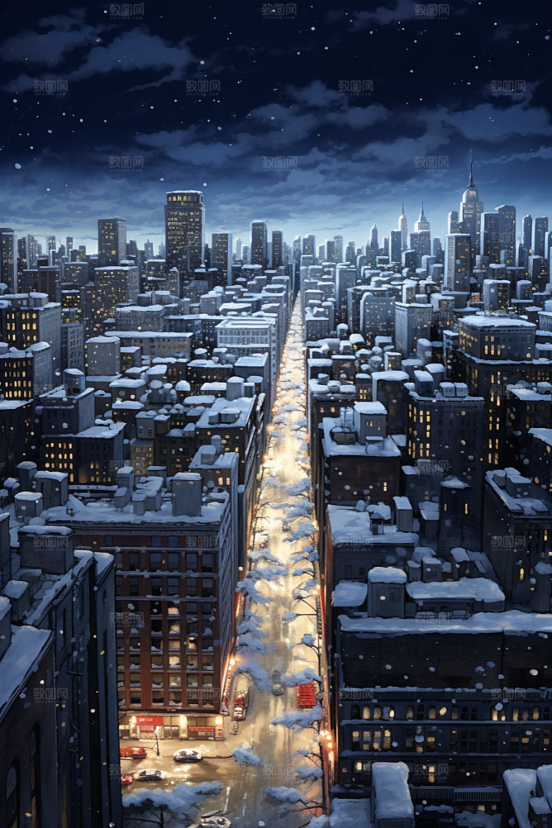 城市雪景安静静谧原画