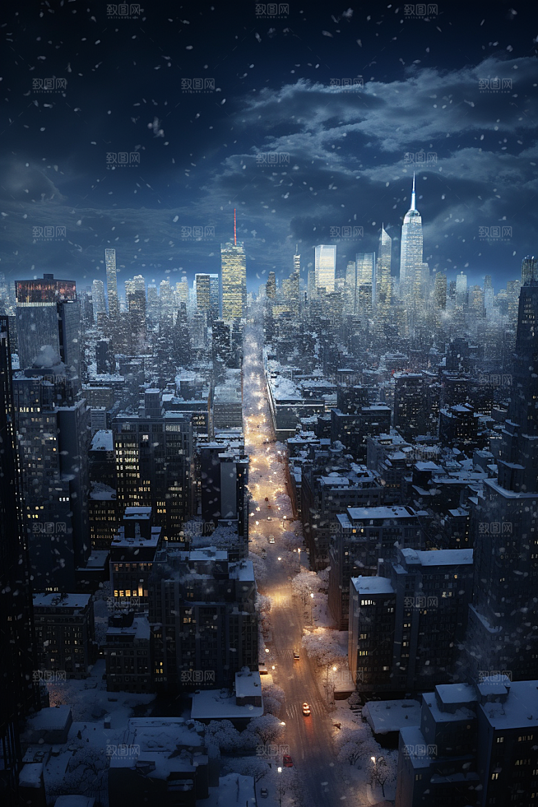 城市雪景城市街道建筑原画