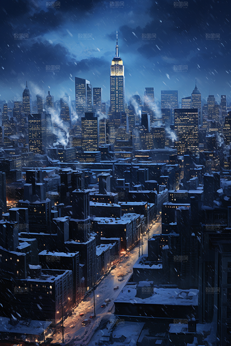 城市雪景雪夜城市街道原画