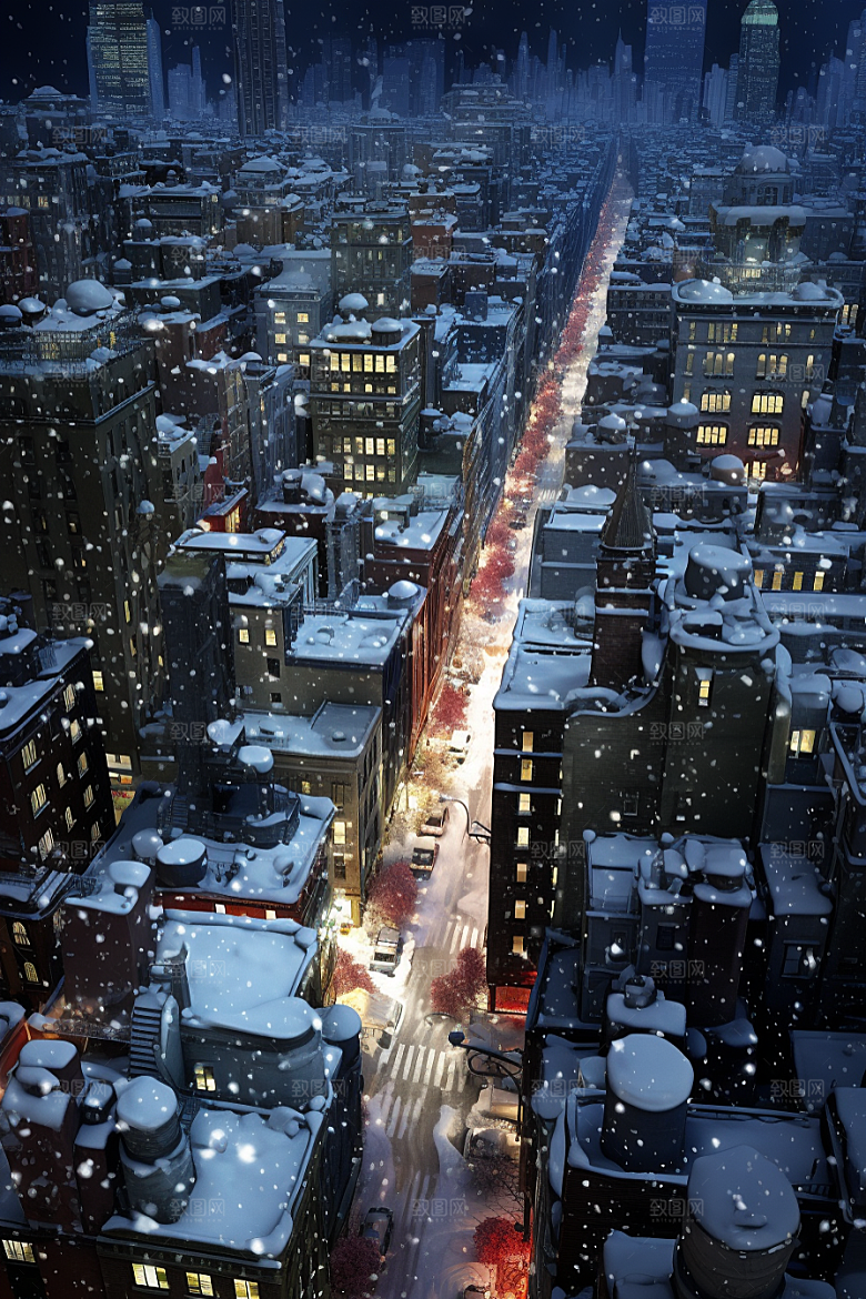 城市雪景雪夜静谧原画