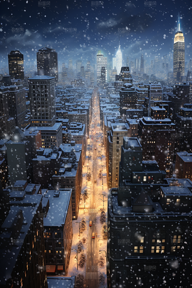 城市雪景雪夜建筑原画