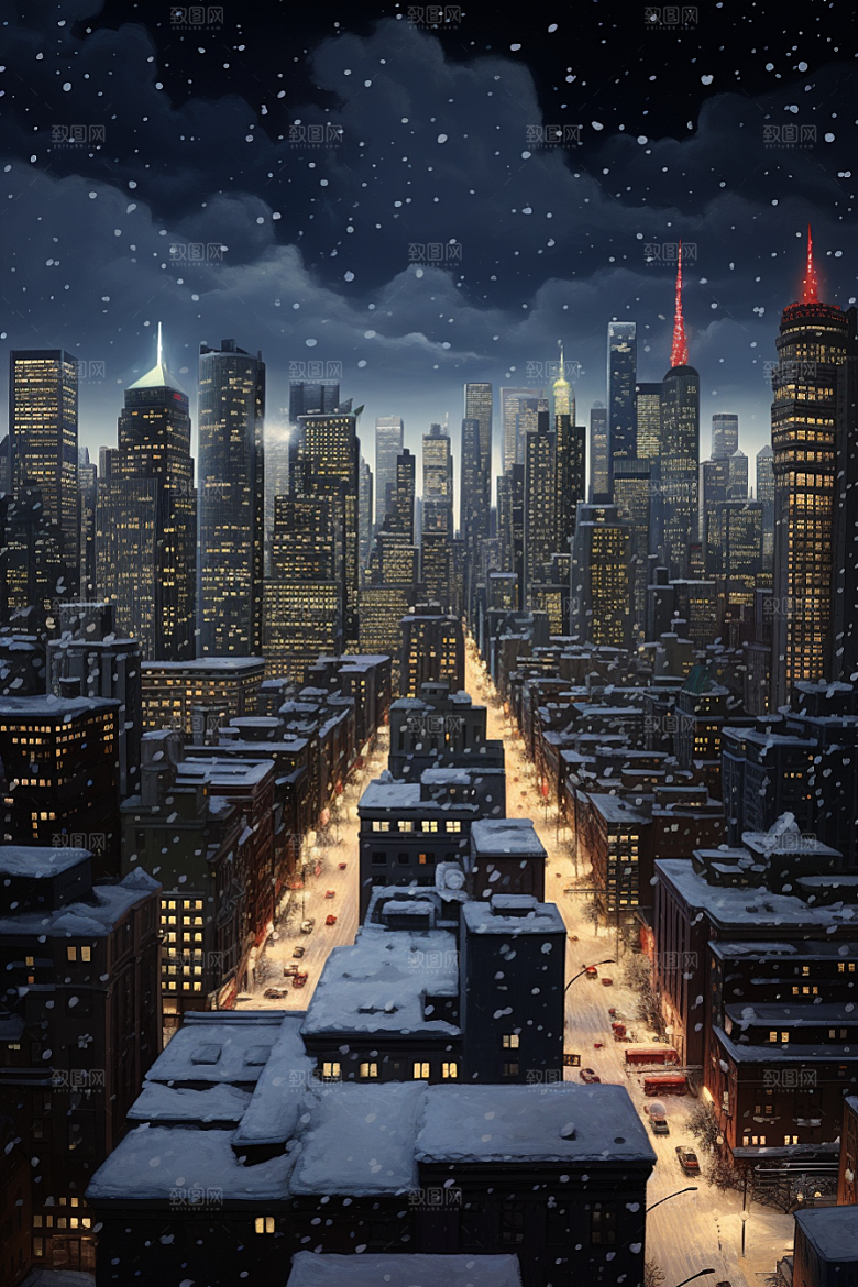 城市雪景建筑安静原画