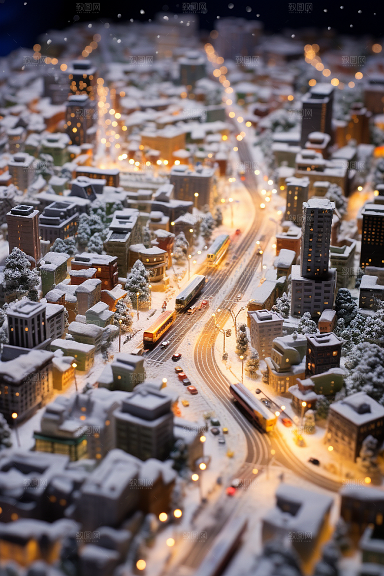 城市雪景城市街道雪夜原画
