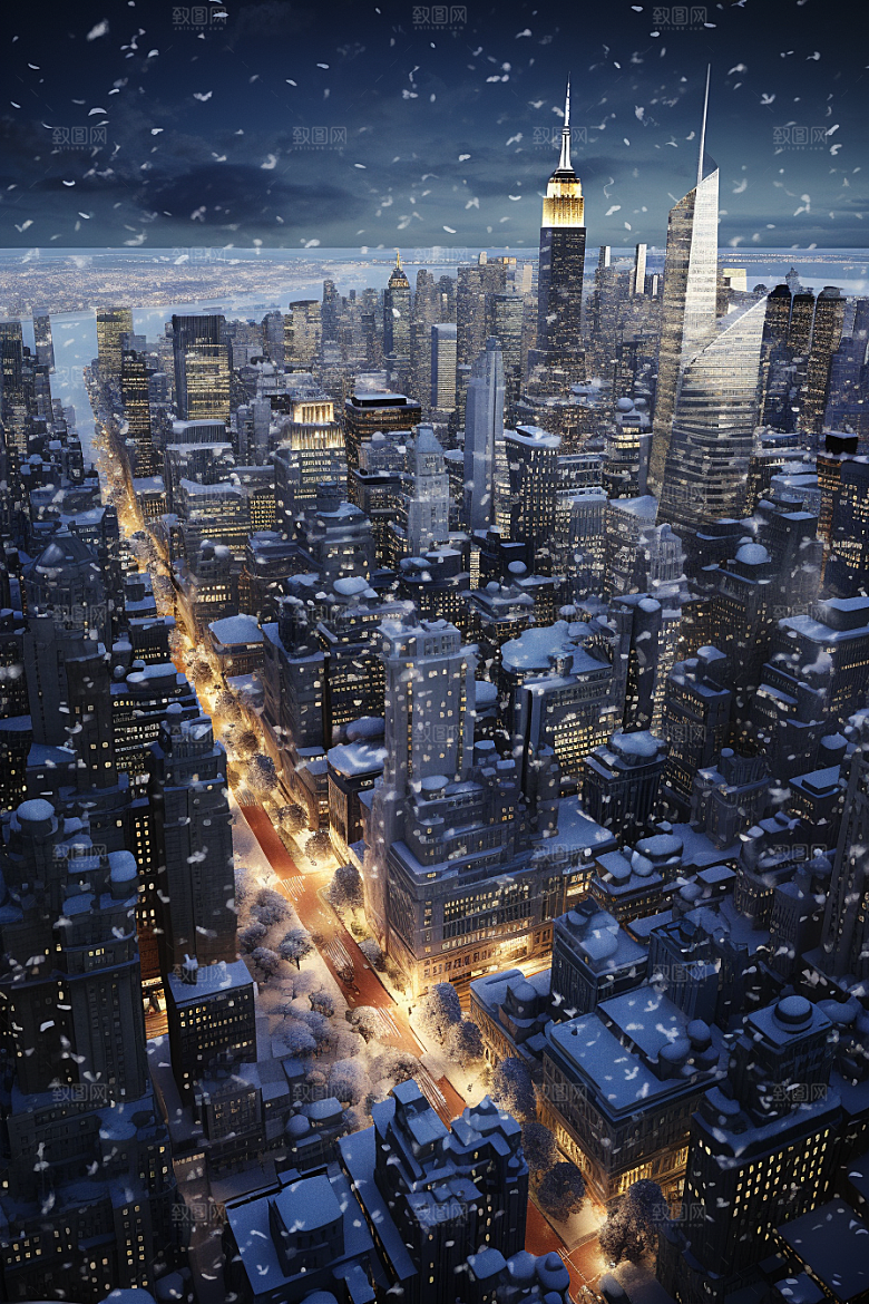 城市雪景建筑静谧原画