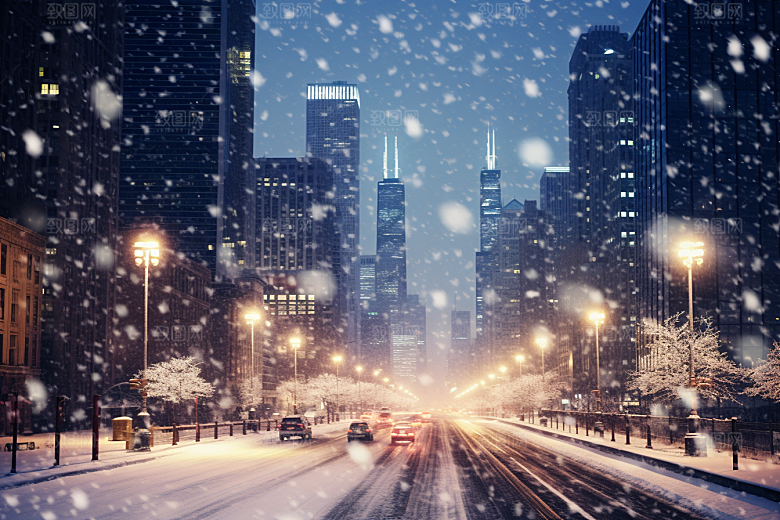 城市雪景下雪的都市城市街道原画