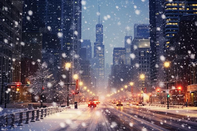 城市雪景下雪的都市城市街道原画