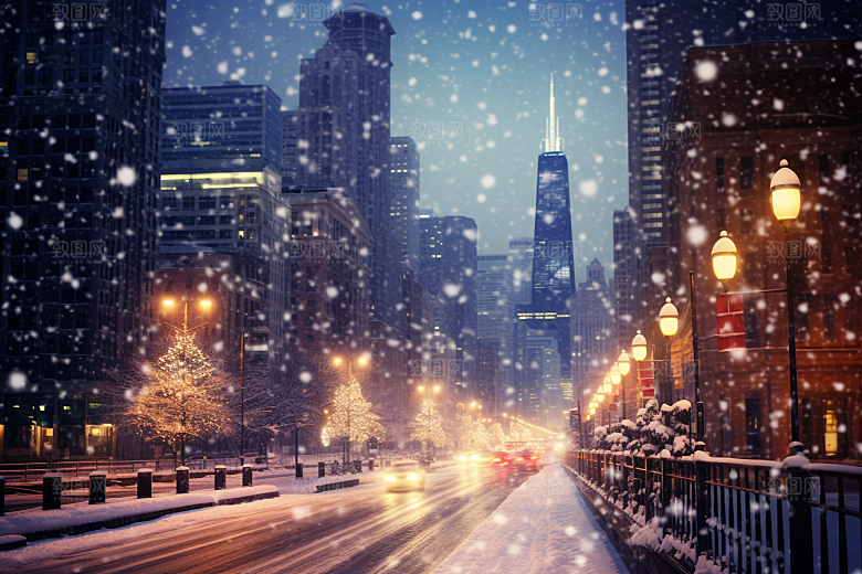 城市雪景建筑雪夜原画