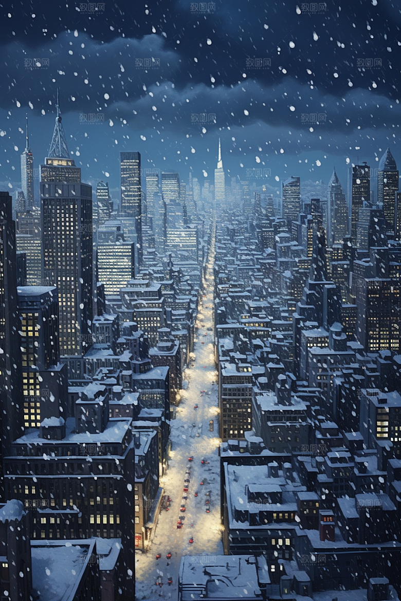 城市雪景城市街道安静原画