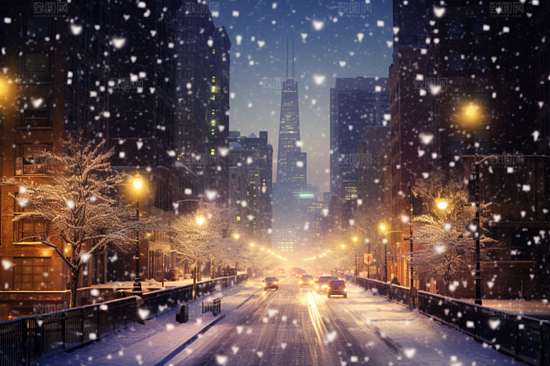 城市雪景安静城市街道原画