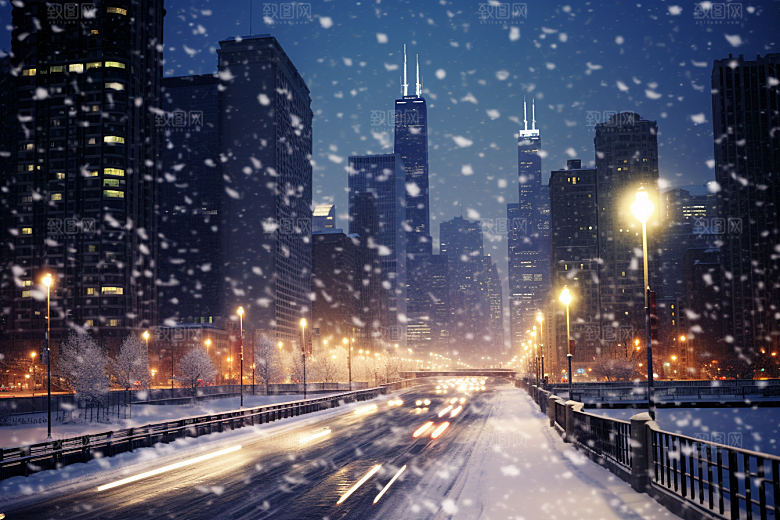 城市雪景城市街道安静原画