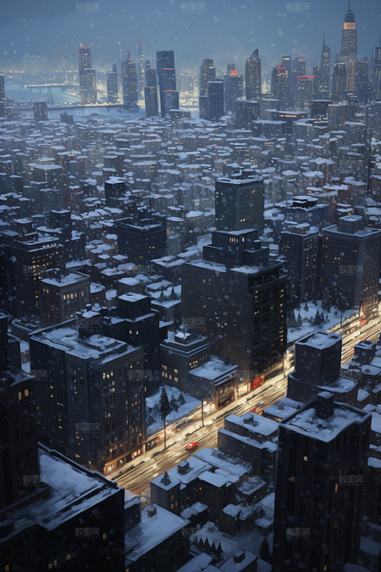 城市雪景雪夜下雪的都市原画