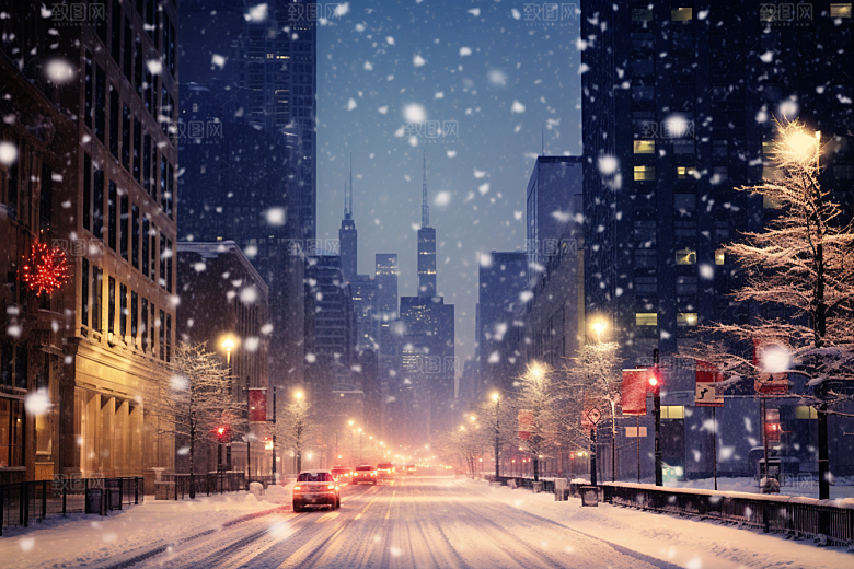 城市雪景静谧建筑原画