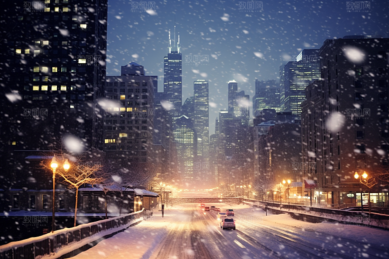 城市雪景城市街道安静原画