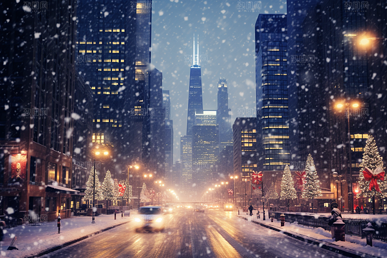 城市雪景建筑雪夜原画