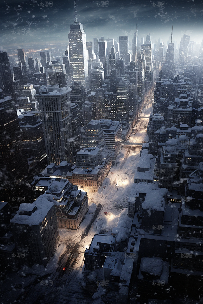 城市雪景建筑静谧原画