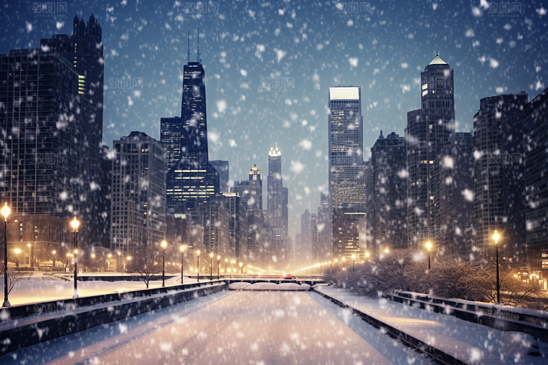 城市雪景静谧城市街道原画