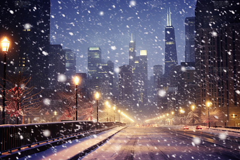 城市雪景雪夜建筑原画