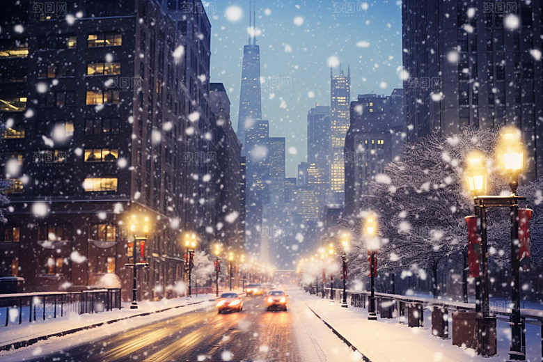 城市雪景建筑静谧原画