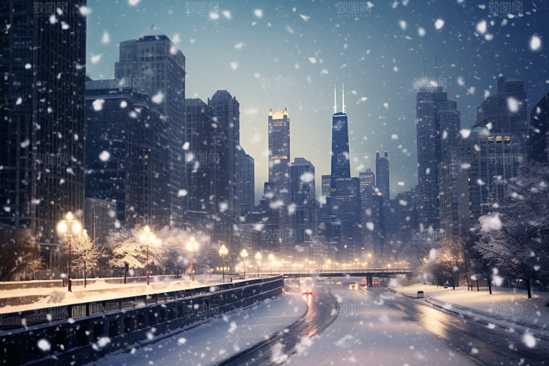 城市雪景下雪的都市建筑原画