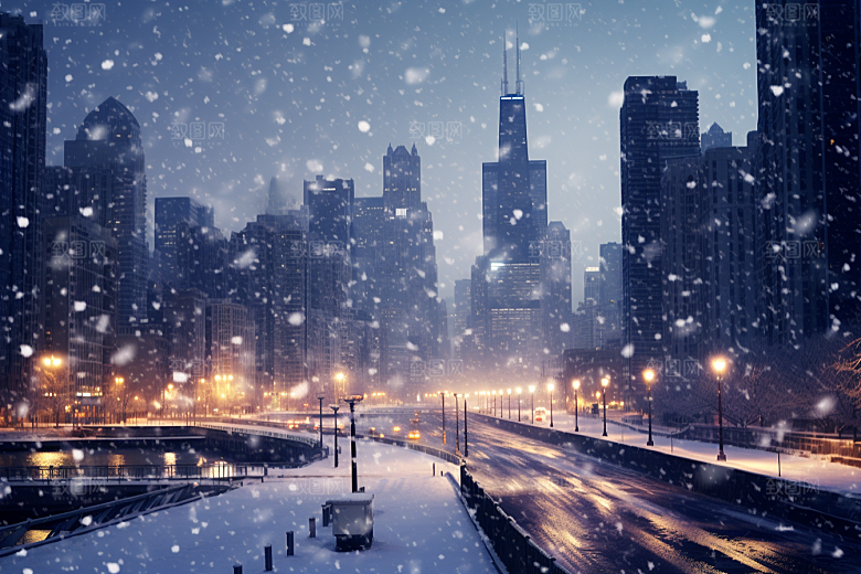 城市雪景下雪的都市城市街道原画