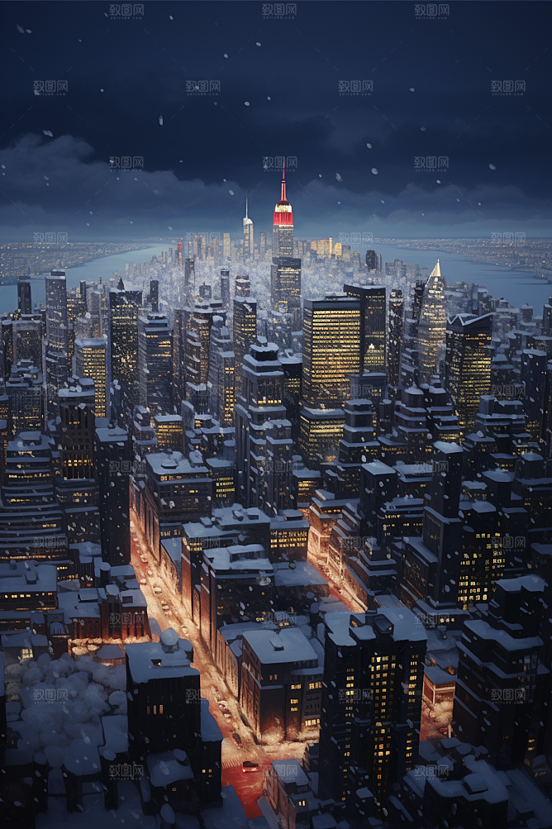 城市雪景建筑下雪的都市原画