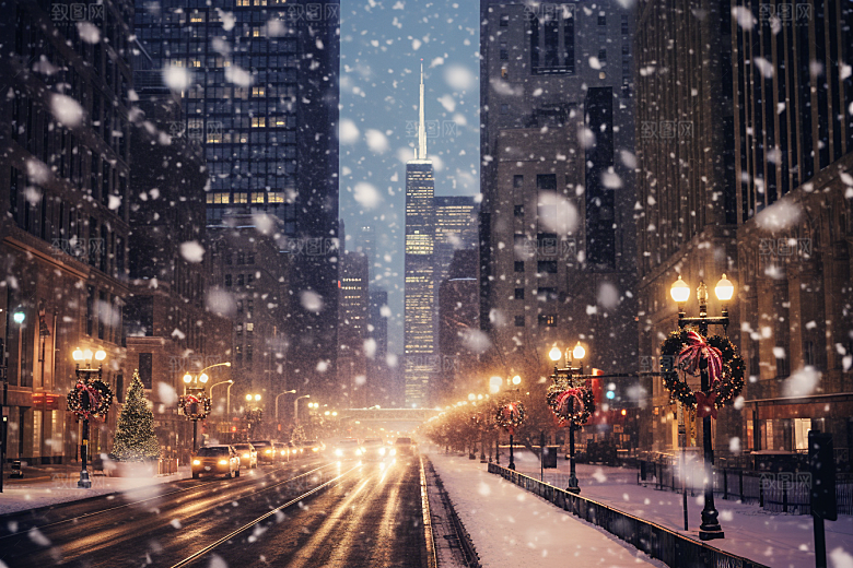 城市雪景建筑静谧原画