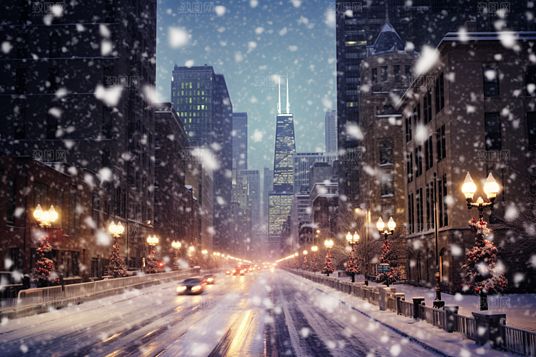 城市雪景静谧城市街道原画