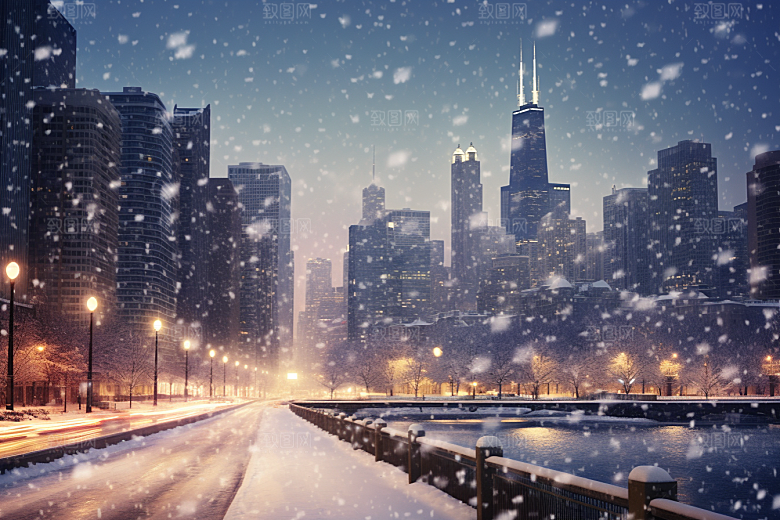 城市雪景城市街道下雪的都市原画