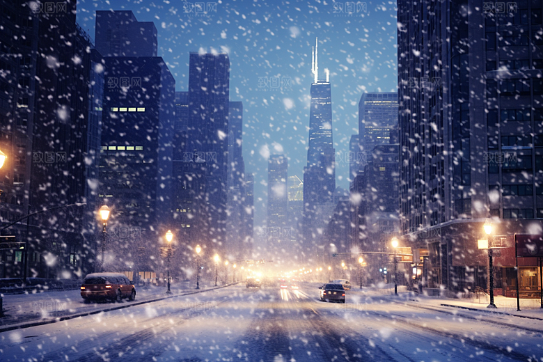 城市雪景下雪的都市城市街道原画