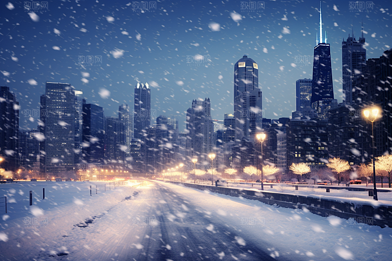 城市雪景城市街道雪夜原画