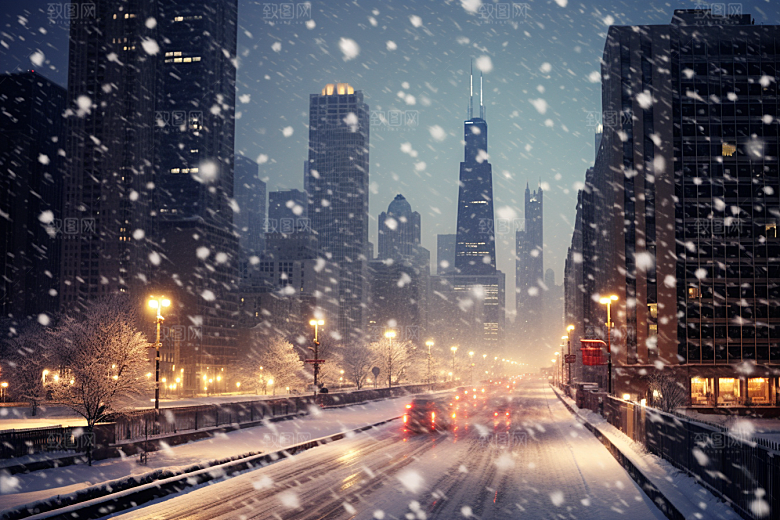 城市雪景雪夜静谧原画
