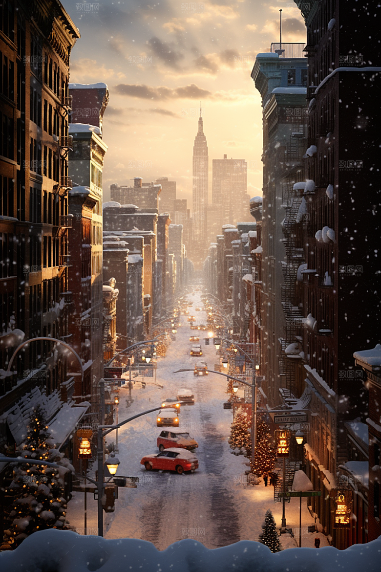 城市雪景高清城市街道原画