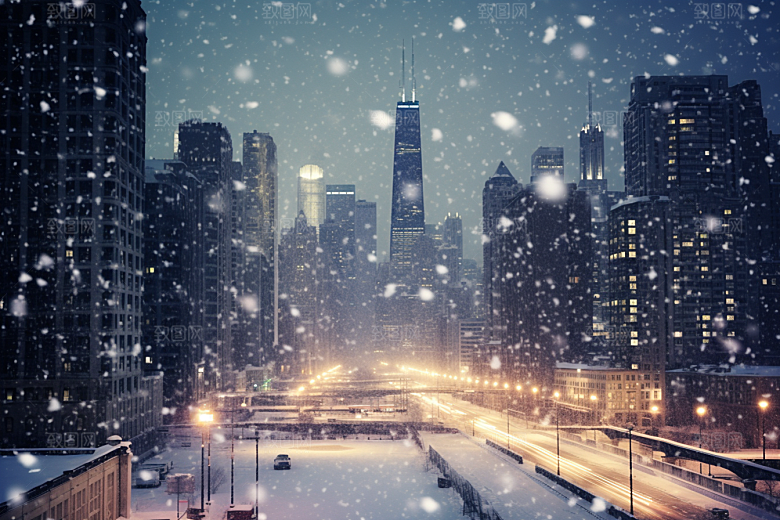 城市雪景静谧建筑原画
