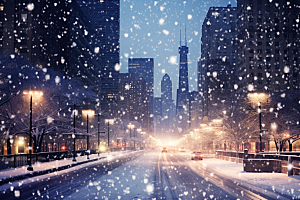 城市雪景城市街道雪夜原画