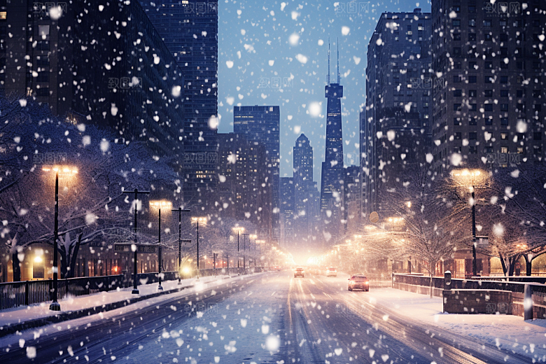 城市雪景城市街道雪夜原画